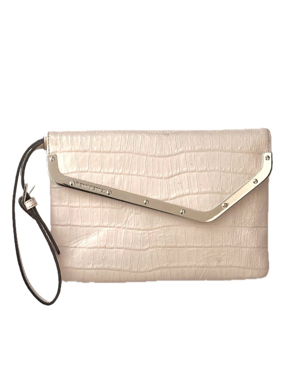 henri bendel “The Deb” Croc-Embossed Leather Wristlet in Pale Pink